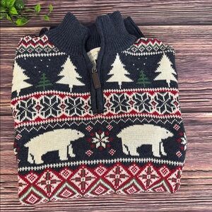 Men's Nordic Pattern 1/4 Zip-Up Sweater - Black, White, and Red 100% cotton NWT